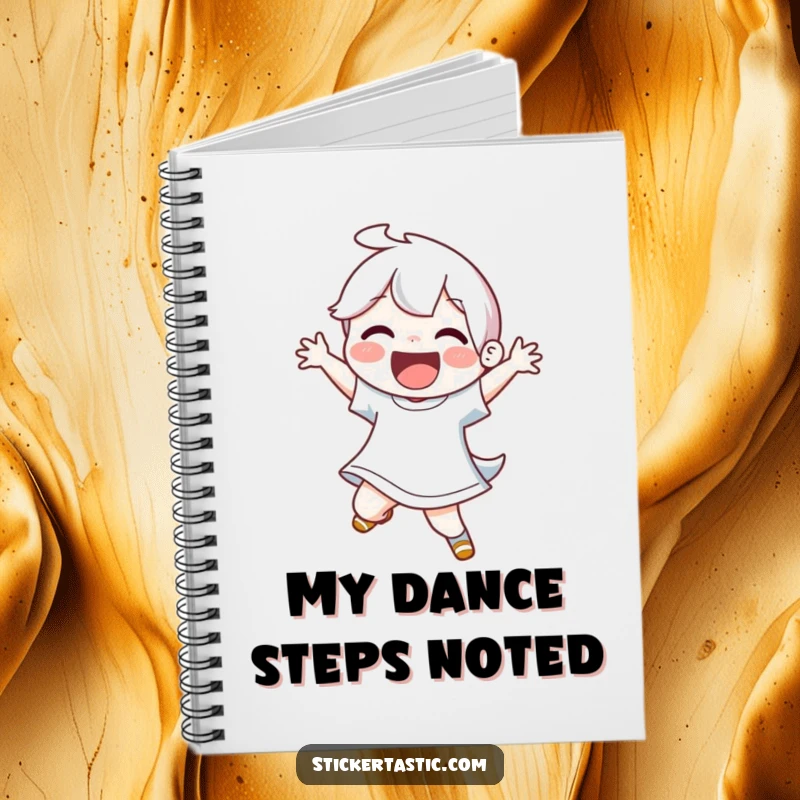 Funny notebook featuring a joyful character doing an energetic dance move, for jotting down moves and ideas.