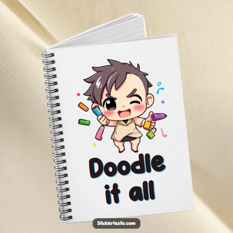 Funny Notebook: A determined character juggling several colorful markers, perfect for capturing artistic ideas. Excellent funny gift.