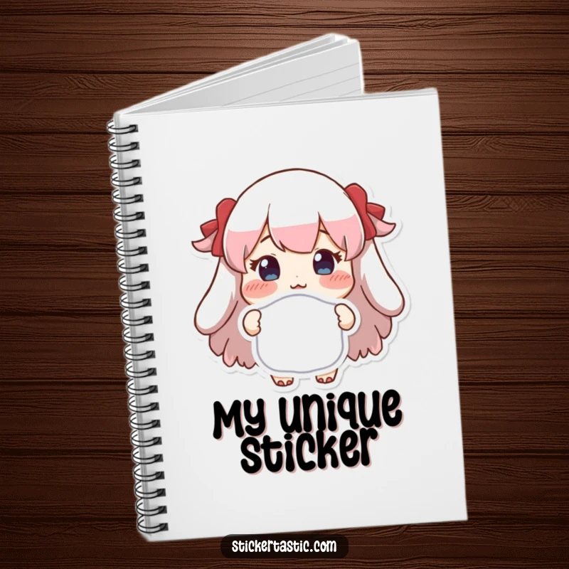 Funny notebook cover with a character proudly holding a unique sticker, encouraging joyful journaling and creative expression.