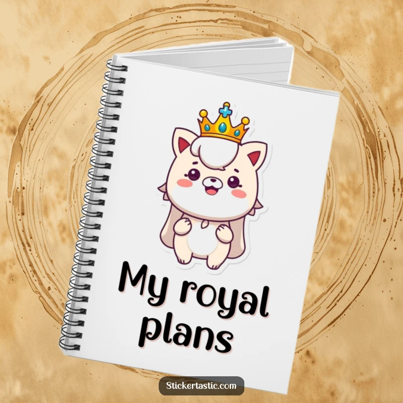 Funny royal notebook featuring a character with a tiny crown proudly displaying a shiny new sticker, great for journaling regal humor.