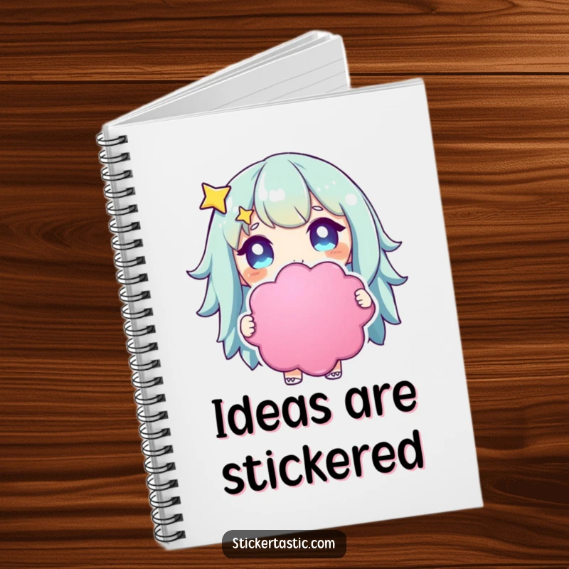 Funny starry-eyed character notebook with a character holding a large, colorful sticker, perfect for capturing collector's joy.