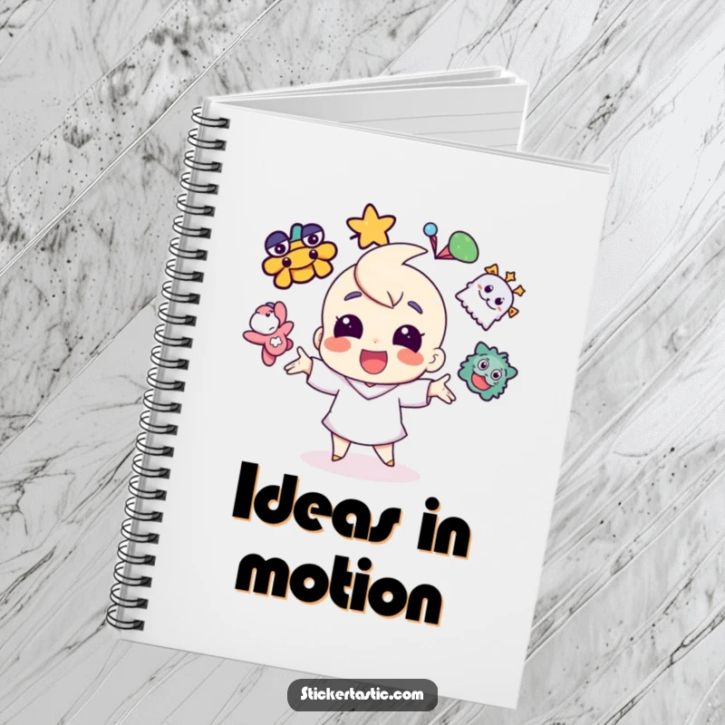 Funny cheerful character juggling vibrant stickers on a notebook, inspiring creative thought and playful note-taking.