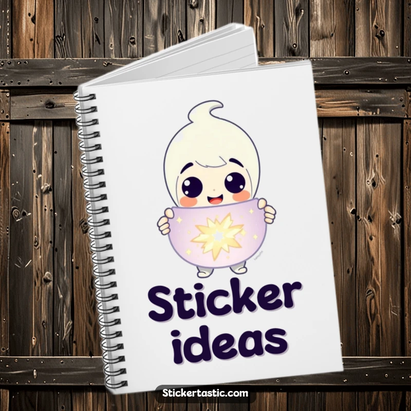 Funny Notebook: A grinning character presenting a large, sparkling sticker, ideal for recording collections. Excellent funny gift.