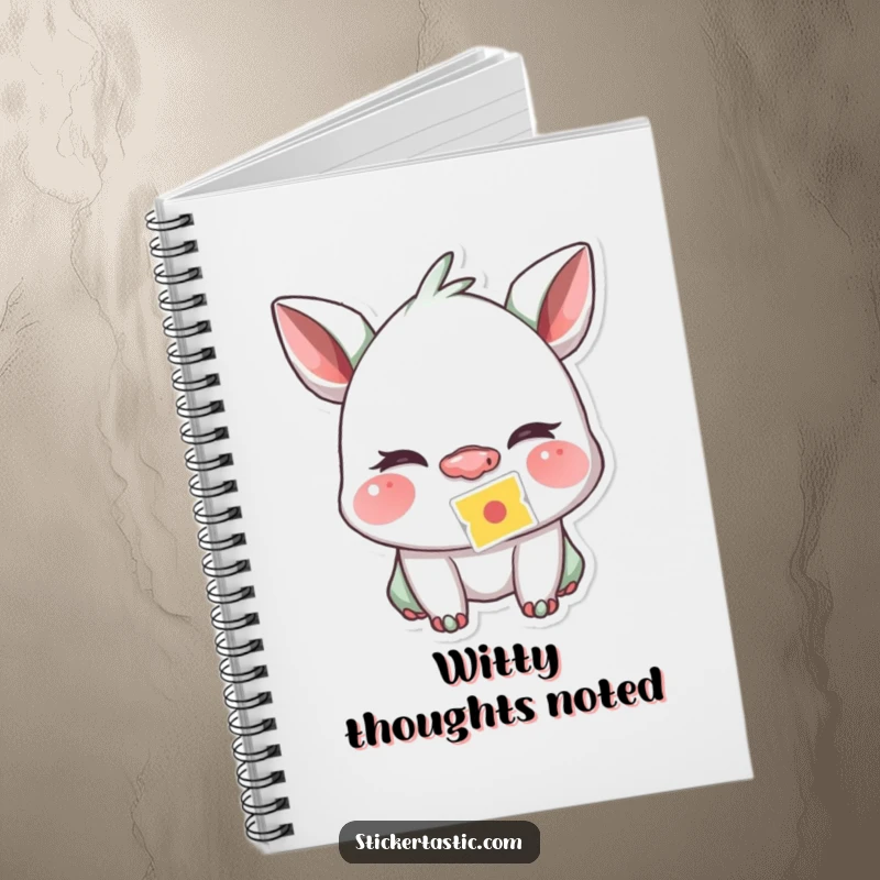 Funny creature winking playfully with a sticker stuck to its nose on a notebook cover, inspiring creative and funny notes.