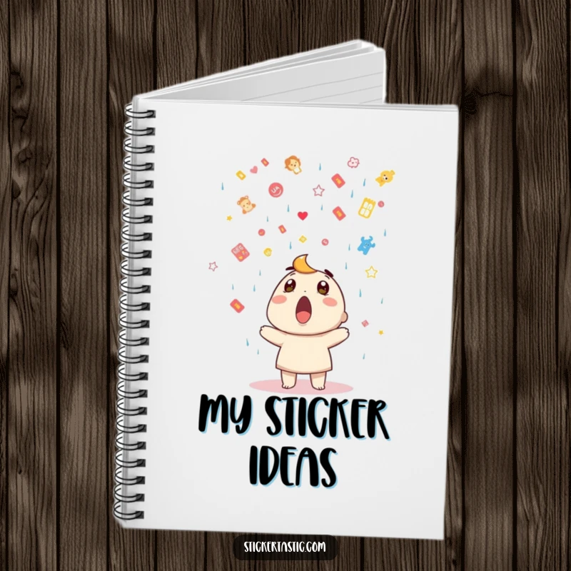 Funny notebook with a surprised character under a sticker shower, perfect for notes and creative brainstorming.