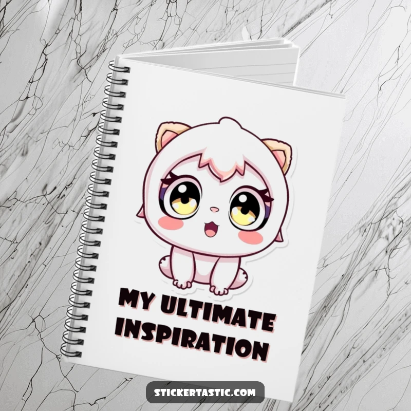 Funny notebook cover with a character looking in awe at a sticker, ideal for note-taking and creativity.