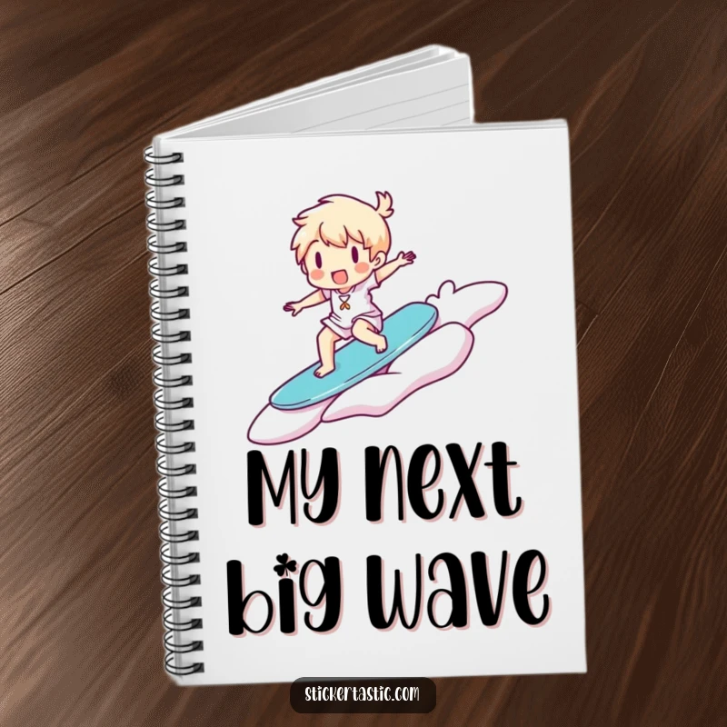 Funny Notebook: Happy character joyfully surfs a giant floating sticker, ideal for jotting down adventure plans and ideas.