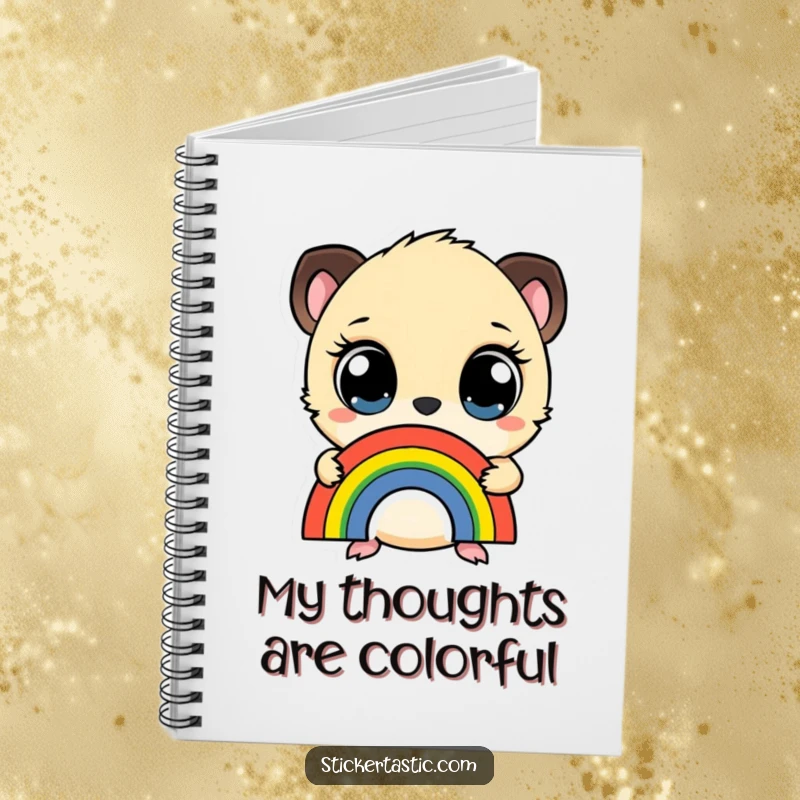 Funny notebook with a small creature sporting wide eyes, holding a rainbow sticker, inspiring creativity with whimsical humor.