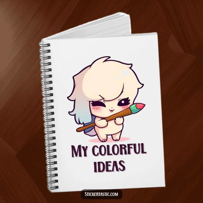 Funny notebook cover featuring a mischievous cartoon character winking while holding a rainbow paintbrush, inspiring creativity.