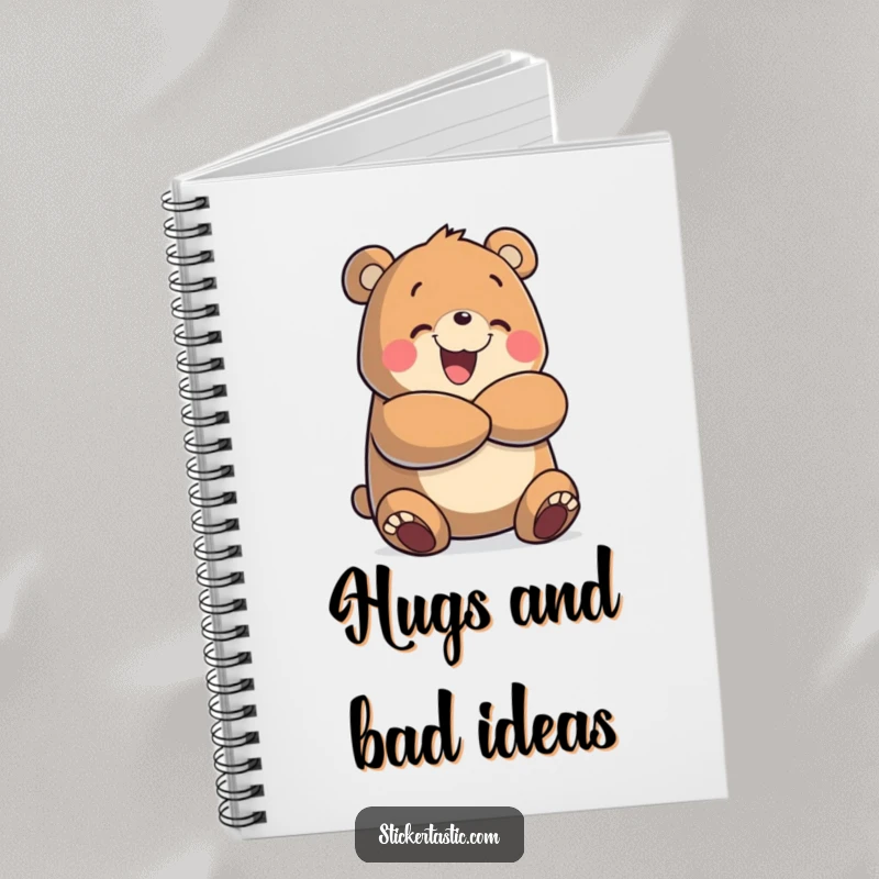 Funny notebook with a cheerful bear character giving an enthusiastic hug, perfect for journaling and capturing bright ideas with a touch of warmth.