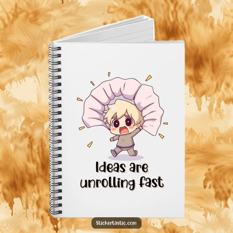 Funny notebook cover with a shocked character recoiling from a massive, unfurling sticker, depicting a comical moment of surprise.