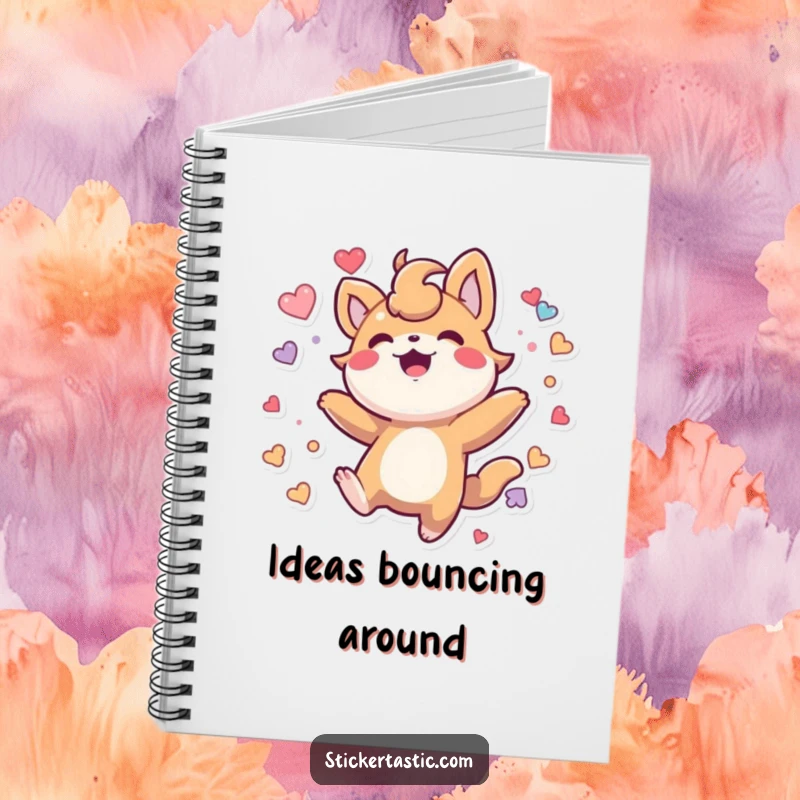 Funny Notebook: Stylized creature bouncing happily, surrounded by stickers, ideal for note-taking.