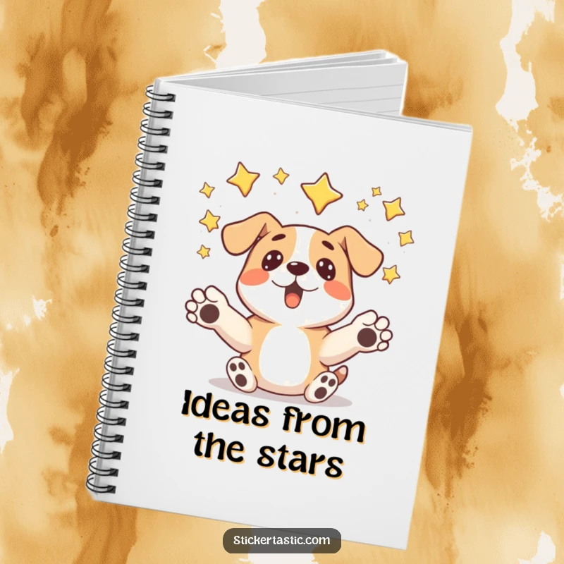 Funny surprised dog notebook showing a dog humorously catching falling stars, perfect for jotting notes with starry wonder.