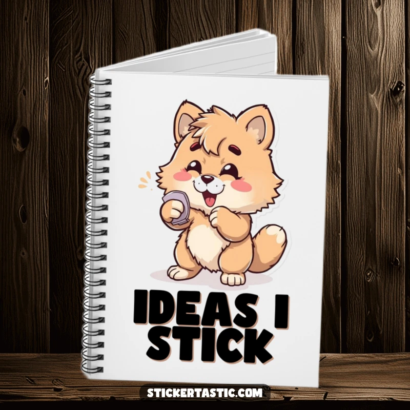 Funny furry character enthusiastically slapping a sticker onto a surface on a notebook cover, inspiring creative and funny notes.