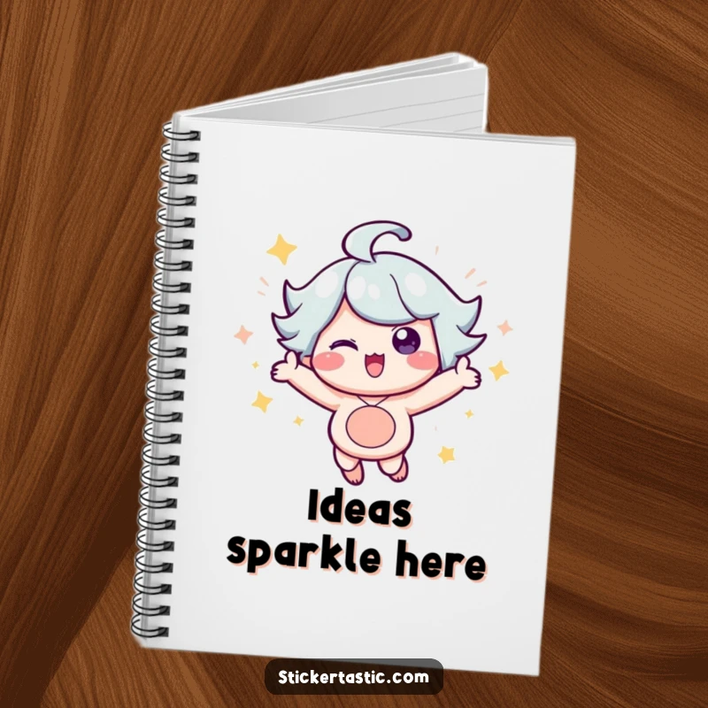 Funny Notebook: An energetic character bouncing with joy, surrounded by shimmering sparkles, ready to capture thoughts. Excellent funny gift.