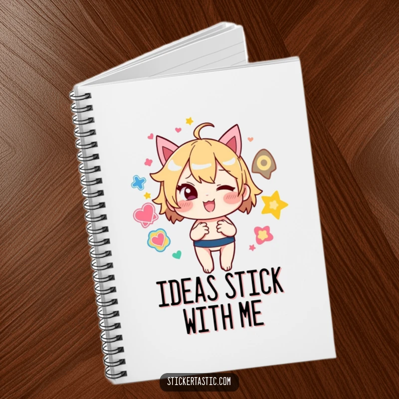 Funny Notebook: Mischievous character winks while juggling colorful stickers, perfect for jotting down thoughts with humor.