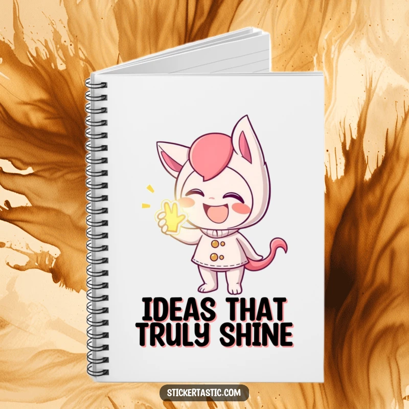 Funny notebook with a mischievous character giggling and handing out a glowing sticker, ideal for note-taking.