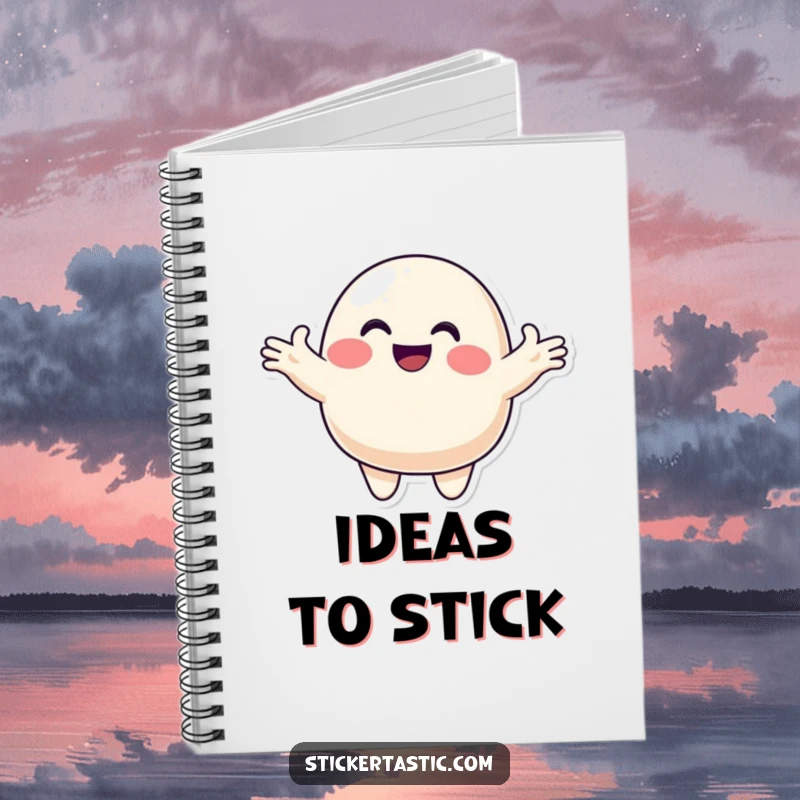 Funny blob notebook featuring a smiling character offering a colorful sticker, perfect for jotting down ideas and spreading cheer with every page.