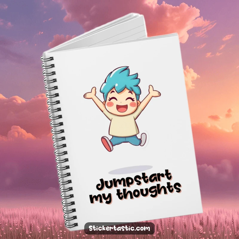 Funny character leaping with a large, shiny sticker on a notebook cover, inspiring goal-setting and humor.