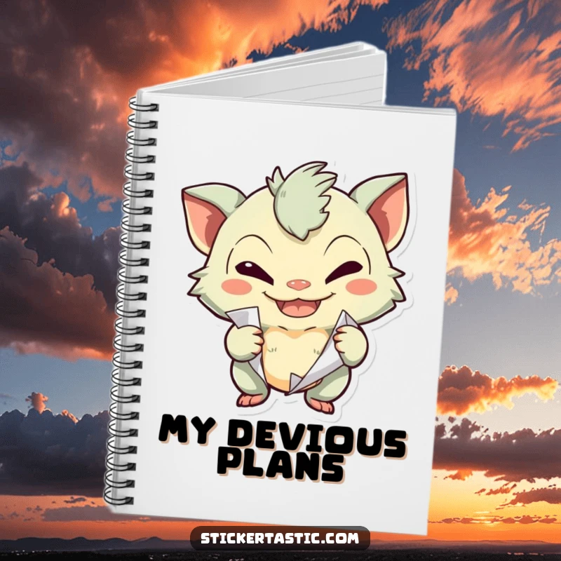 Funny creature with a mischievous grin peeling a sticker on a notebook, inspiring playful ideas and note-taking.