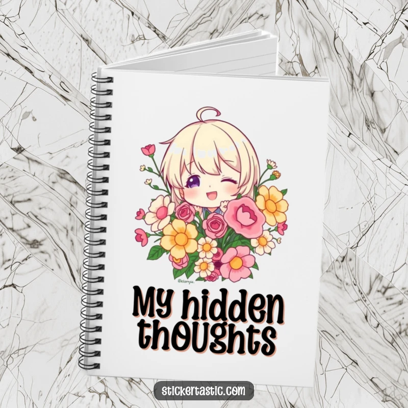 Funny character playfully peeking from behind a sticker bouquet on a notebook cover, encouraging curious note-taking, a brilliant gift.