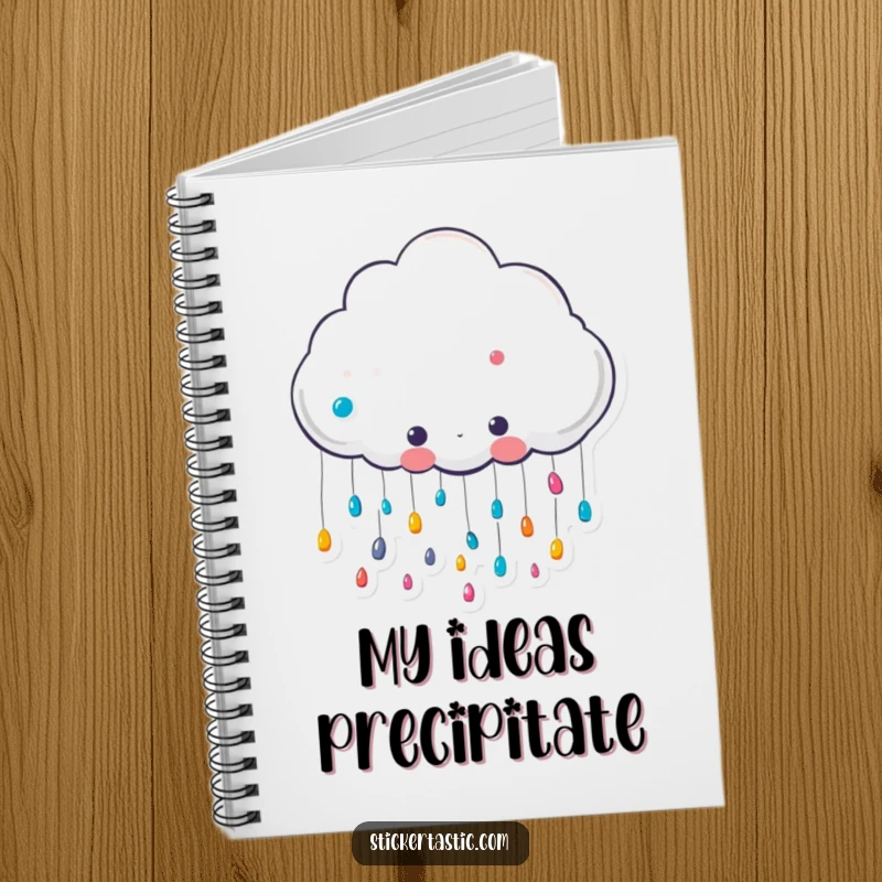 Funny cute cloud character raining colorful stickers notebook, a smiling cloud showering stickers, perfect for funny notes and creative journaling.