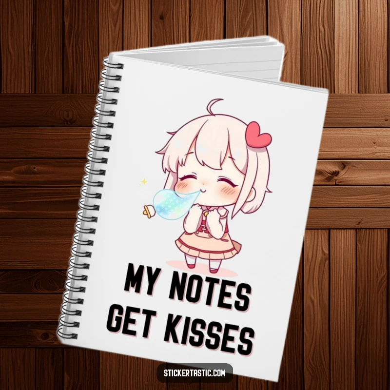 Funny Notebook with a character blowing a kiss towards a shimmering sticker, perfect for romantic notes.