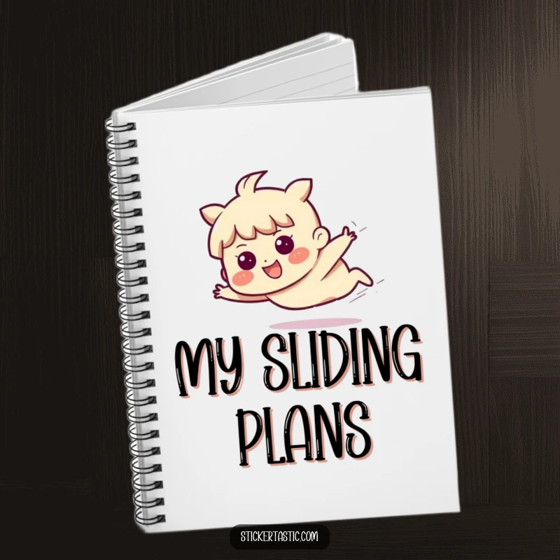 Funny notebook cover with a character sliding across a surface with a joyful, determined expression, embodying forward progress.