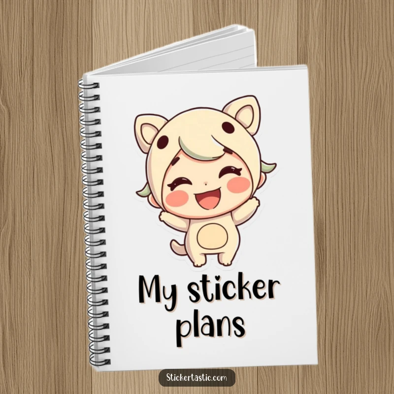 Funny lined notebook with a cheerful character grinning while sticking a large sticker, for notes and ideas.
