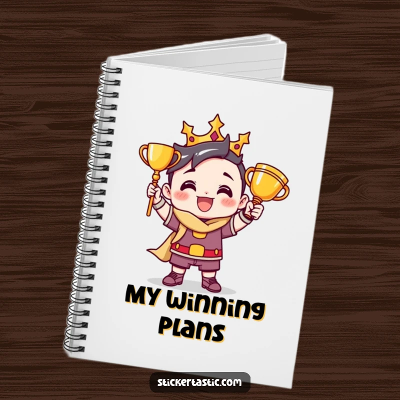 Funny notebook cover featuring a victorious cartoon character in a triumphant pose with a trophy, inspiring greatness.