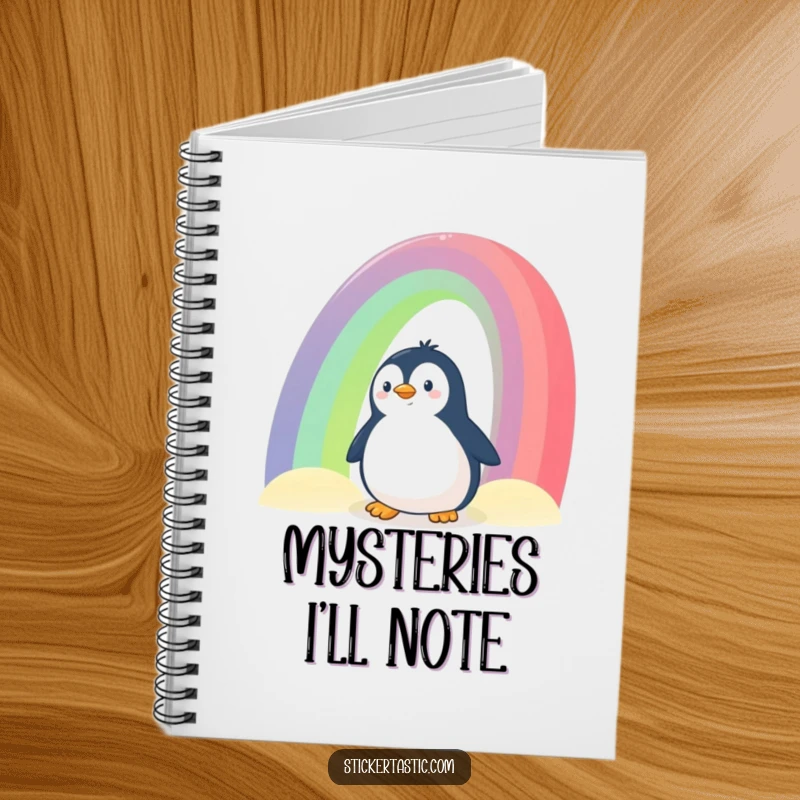 Funny Penguin Notebook: Features a curious penguin peeking from behind a giant rainbow, ideal for journaling and embracing whimsical creativity.