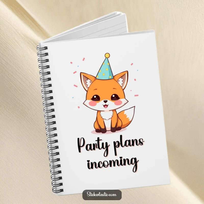 Funny notebook with a delighted fox wearing a party hat and confetti, ideal for jotting down party plans and celebratory ideas.