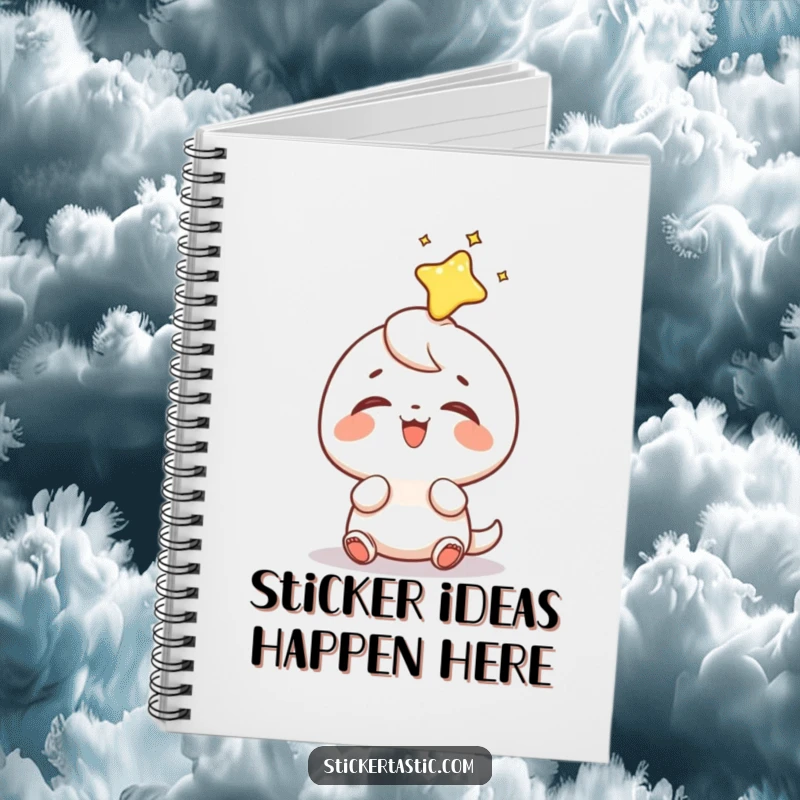 Funny sticker head notebook featuring a tiny character's pure joy and giggles as a shiny sticker lands perfectly on its head, ready for notes.