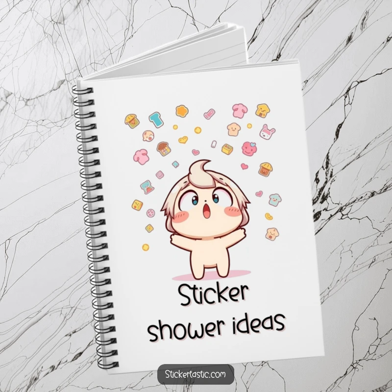Funny notebook cover with a character amazed by a rain of stickers, encouraging creative thoughts and laughter.