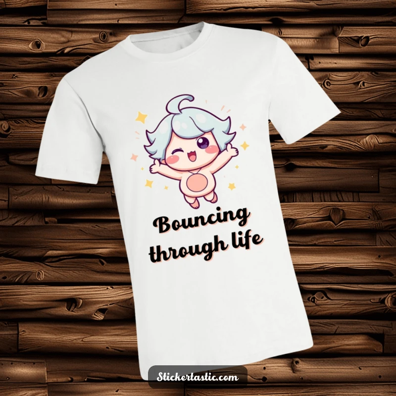 Funny T-Shirt: Energetic character joyfully bouncing amidst shimmering sparkles, capturing a moment of pure, unadulterated excitement. Great funny gift.