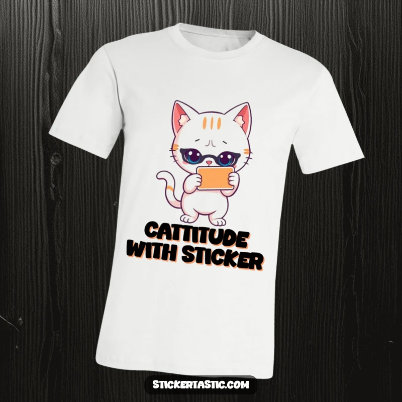 Funny cat t-shirt featuring a cool cat striking a bold pose with a sticker. Captures a stylish, confident, and humorous feline attitude.