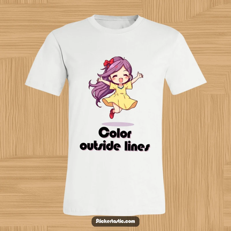 Funny T-Shirt with a character dancing wildly, leaving a vibrant streak of color, symbolizing uninhibited fun and artistic expression.