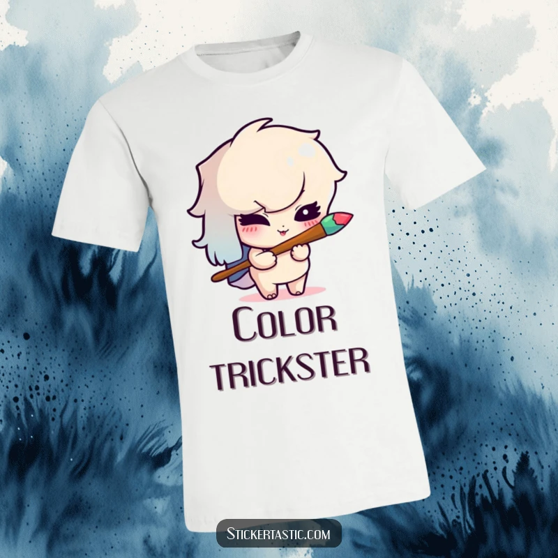 Funny t-shirt graphic of a mischievous cartoon character winking with a rainbow paintbrush, ready to create colorful art.