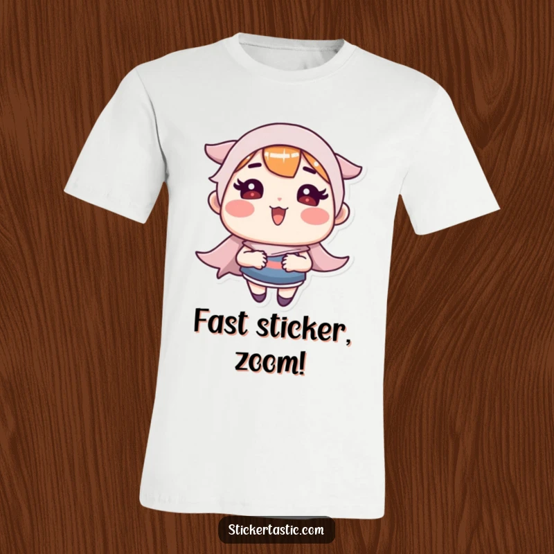 Funny T-Shirt: Rosy-cheeked character racing a sticker at high speed, expressing joy. Ideal funny gift.