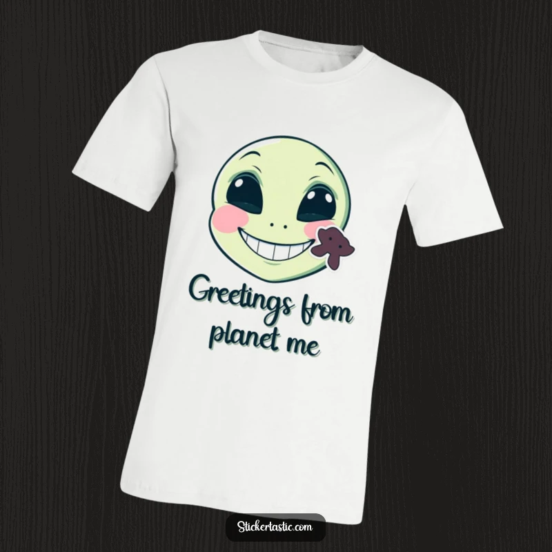 Funny grinning alien face with a sticker on its cheek t-shirt, a comical alien with a wide grin and a sticker, ready for funny wear.