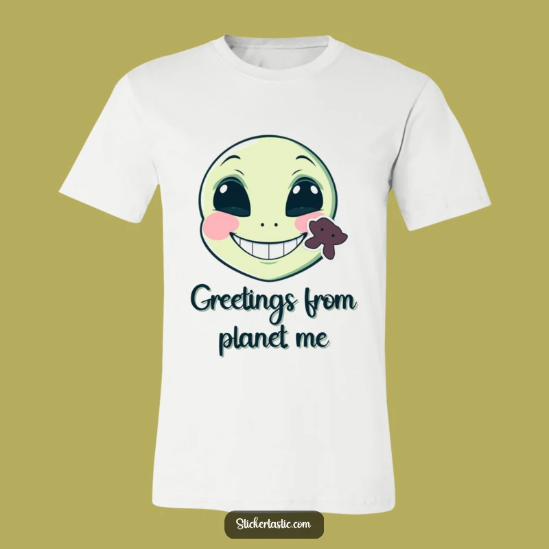 Funny Alien Sticker T-Shirt: Grinning Face Tee - Hilarious Galactic Gift!