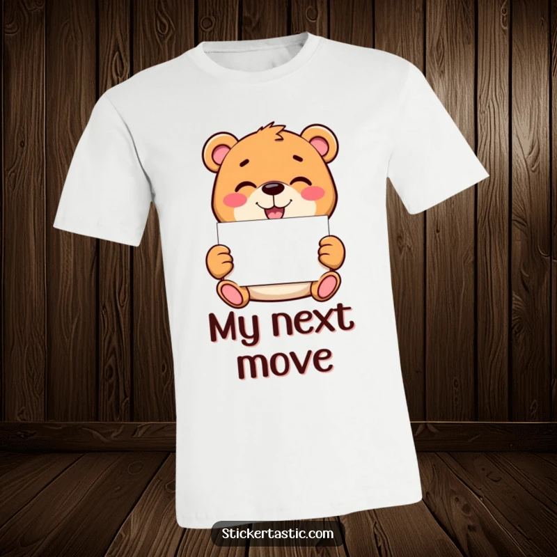 Funny bear t-shirt with a mischievous cartoon bear holding a blank sticker, inviting creativity and personalization with a playful grin.