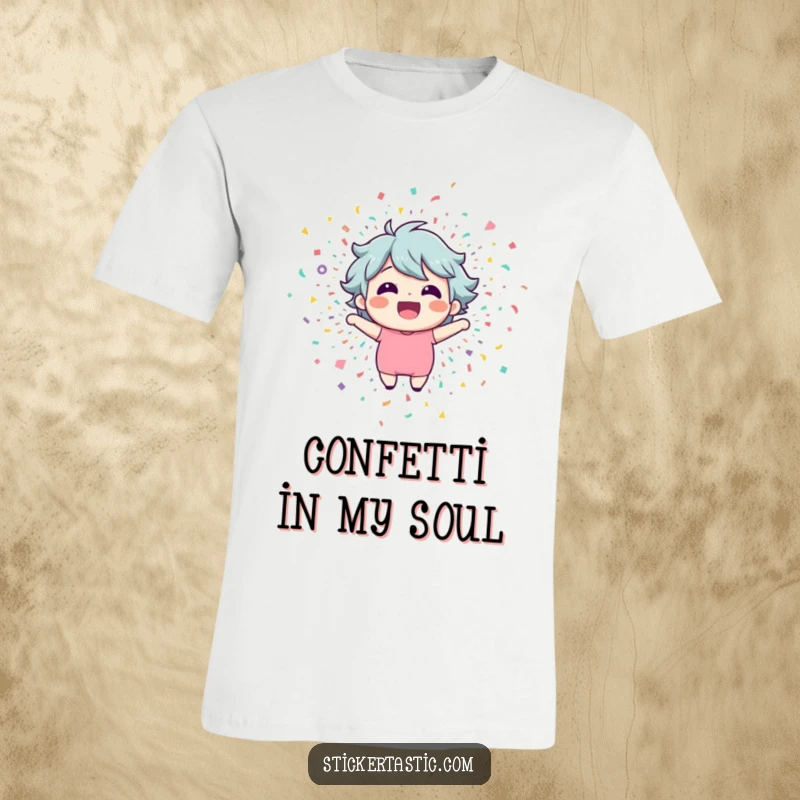 Funny t-shirt showing a happy character exploding outwards amidst a shower of colorful confetti. High-quality humorous apparel.