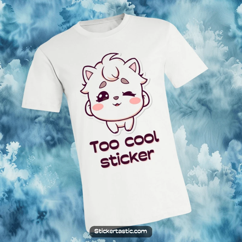 Funny t-shirt graphic of a character playfully wiggling eyebrows beneath a stylish sticker, capturing a moment of cool confidence.