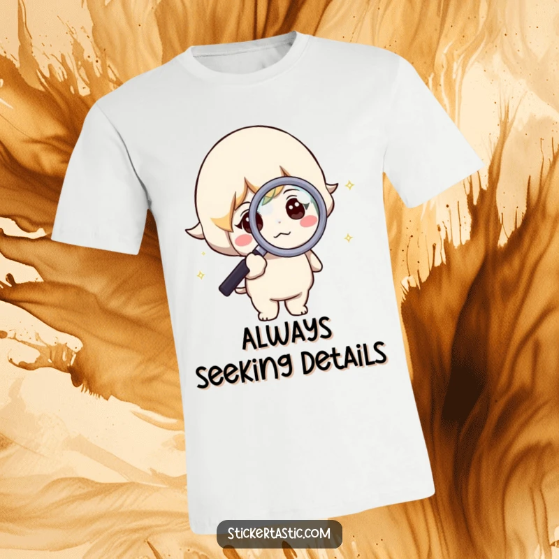 Funny t-shirt depicting a curious character investigating a tiny sparkle with a magnifying glass. High-quality humorous apparel.