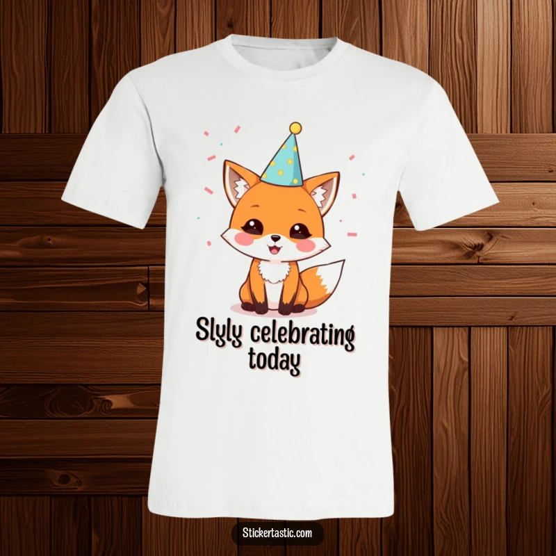 Funny t-shirt with a delighted fox in a party hat, confetti falling all around, capturing the essence of boundless joy and celebration.