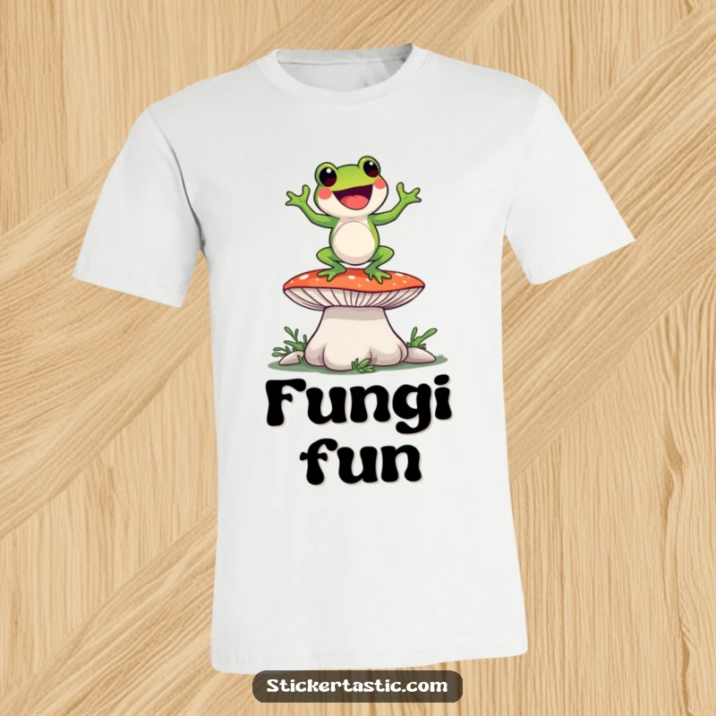 Funny bouncy frog doing a comical dance on a large mushroom, printed on a fun and humorous t-shirt.