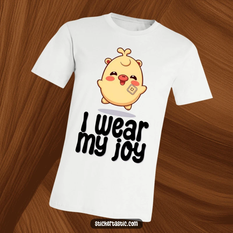 Funny giggling sticker t-shirt with a character spinning playfully with a sticker on its nose, radiating pure joy and humor.