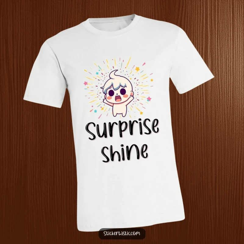Funny t-shirt graphic of a cartoon character’s wide-eyed, startled reaction to an unexpected explosion of shimmering glitter.