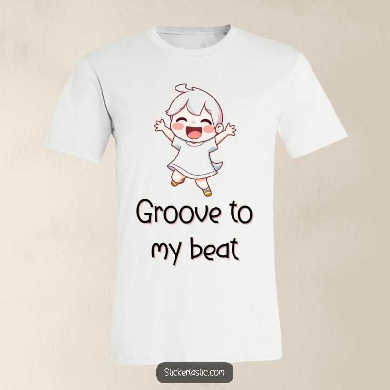 Funny t-shirt showcasing a joyful character in the midst of an energetic, exuberant dance move. High-quality humorous apparel.